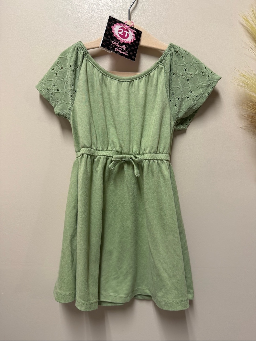 One Step Ahead Light Green Knit Dress with Eyelet Sleeves
